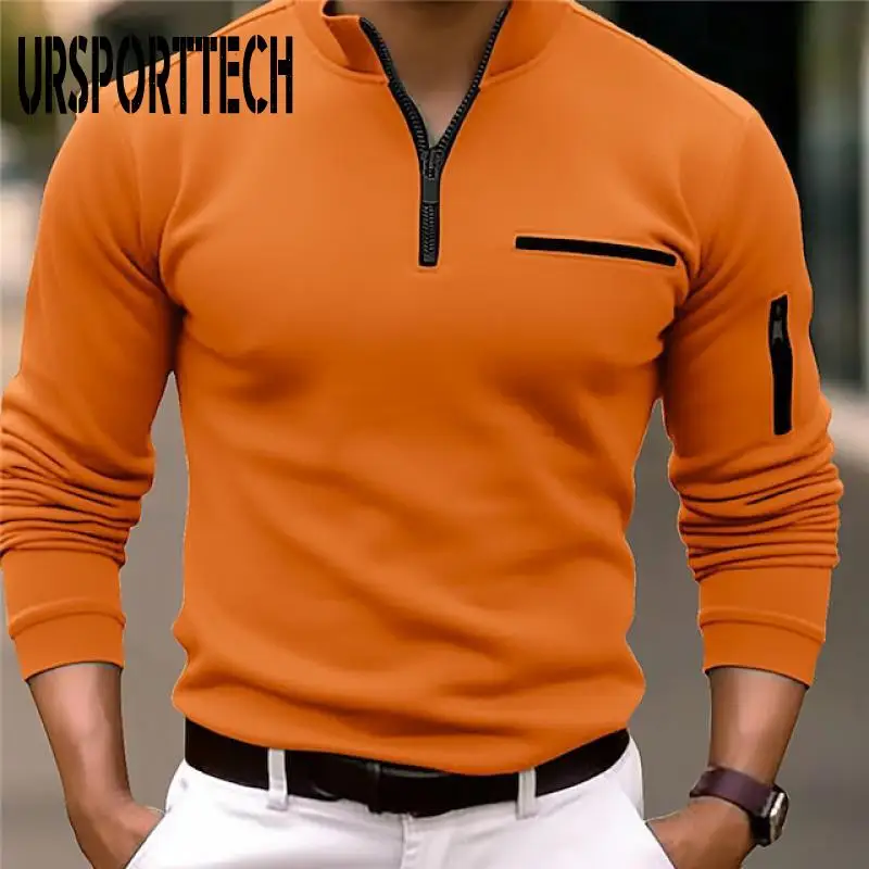 

URSPORTTECH Spring Autumn Men's Sweatshirt Long Sleeve Polo Shirt Arm Zipper Design Fashion Men's T-Shirt Tops Male Clothing