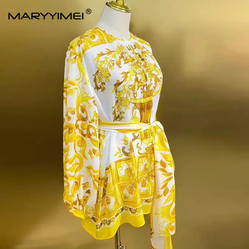 MARYYIMEI Fashion Designer Spring Summer Women\'s cotton shorts Lace-UP Baroque Print Streetwear Long-Sleeved Silk Tops