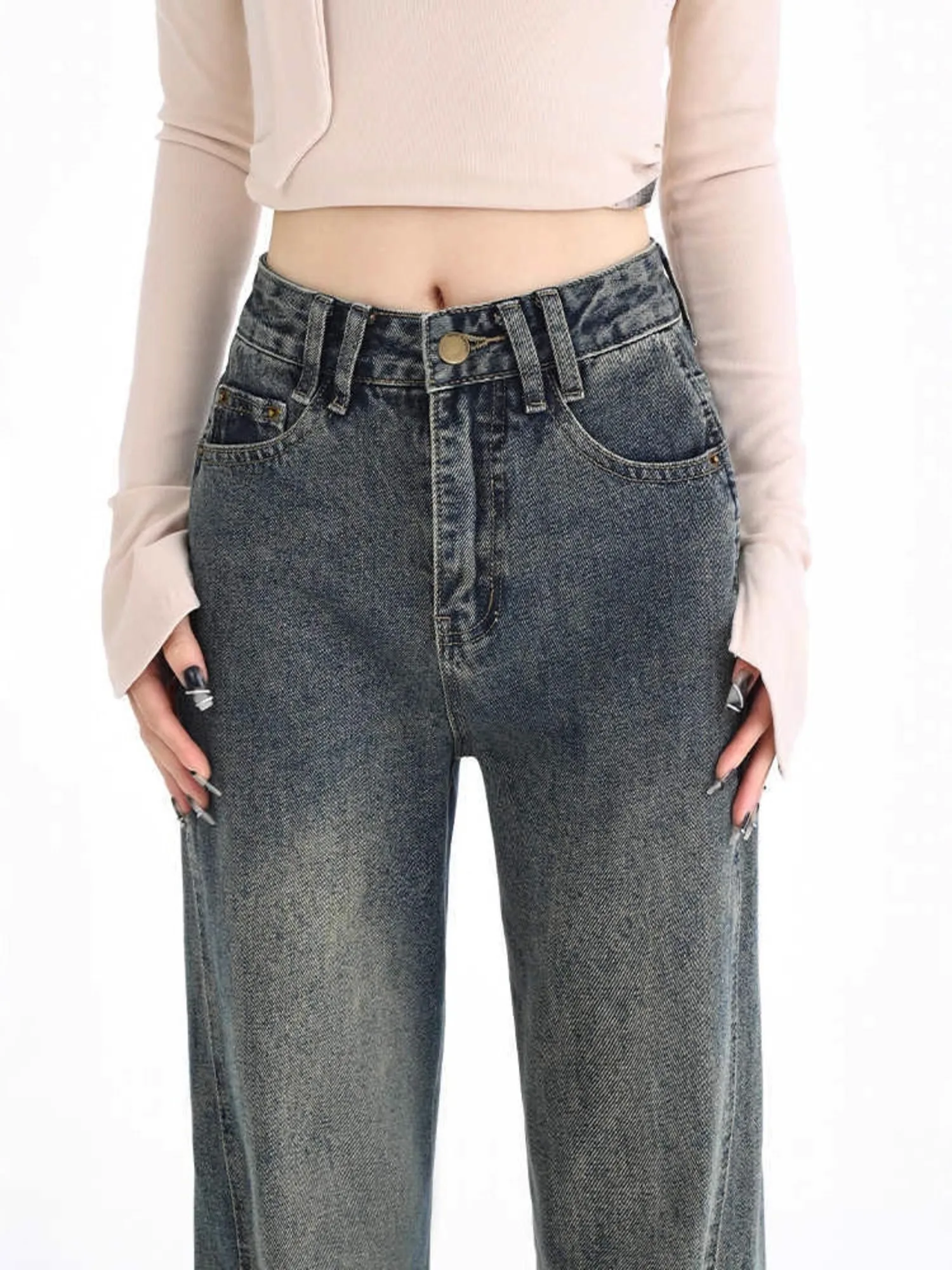 Women's Dark Wash Wide Leg Jeans Rivet Seam Detail Vintage Flared Denim Pants High-Waisted S-3XL