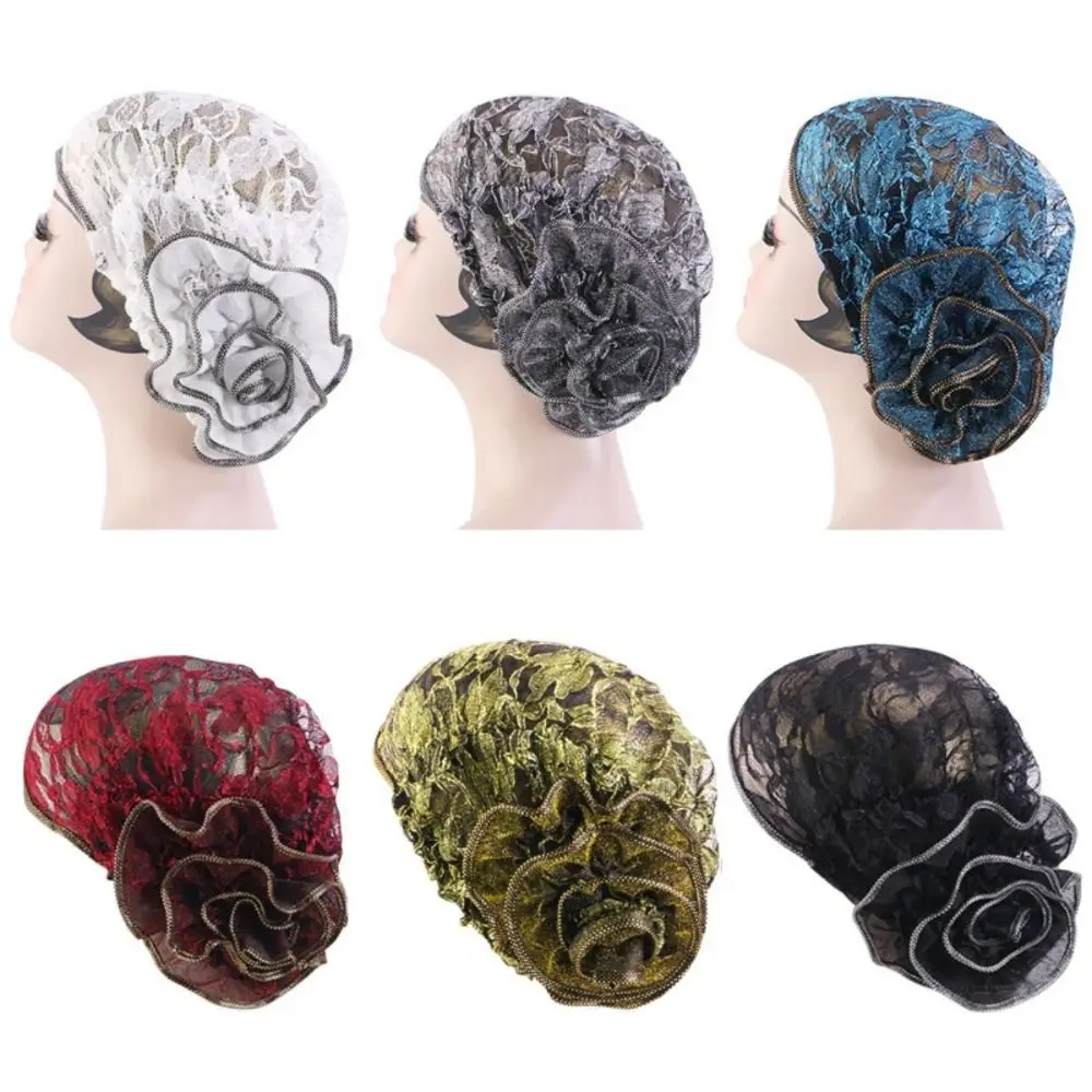 Sweet Lace Flower Turban Hat Muslim Elastic Beanie Head Scarf Breathable Headwear Hair