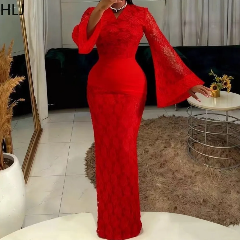 

HLJ Sexy Lace Patchwork Bodycon Dresses Woman Solid Color Deep V-neck Bell Sleeve Dress Female Party Clubwear Vestidos 2025 New