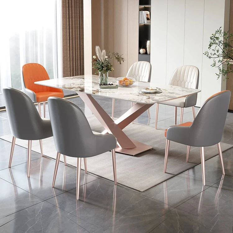 

Современный роскошный обеденный стол с мраморной столешницей прямоугольной формы и набор стульев на 4, 6, 8 мест, металлическая черная мебель, полный комплект.