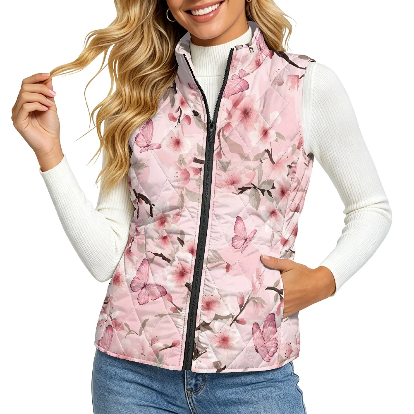 PENSTROLL Butterfly and Floral Outwear Jacket Coat with Pockets Lightweight Quilted Waistcoat Casual Women's Quilted Vest