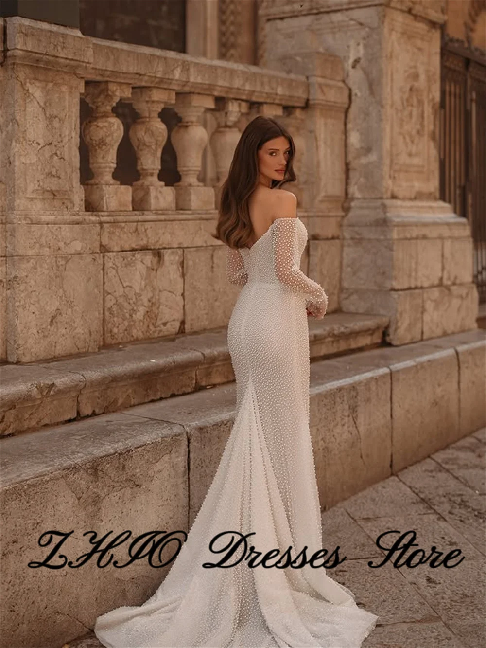 ZHIO-Vestido de novia de lujo con cuello en V, encaje con cuentas, mangas largas, drapeado, cola de barrido, sirena, trompeta, Vestido de novia personalizado