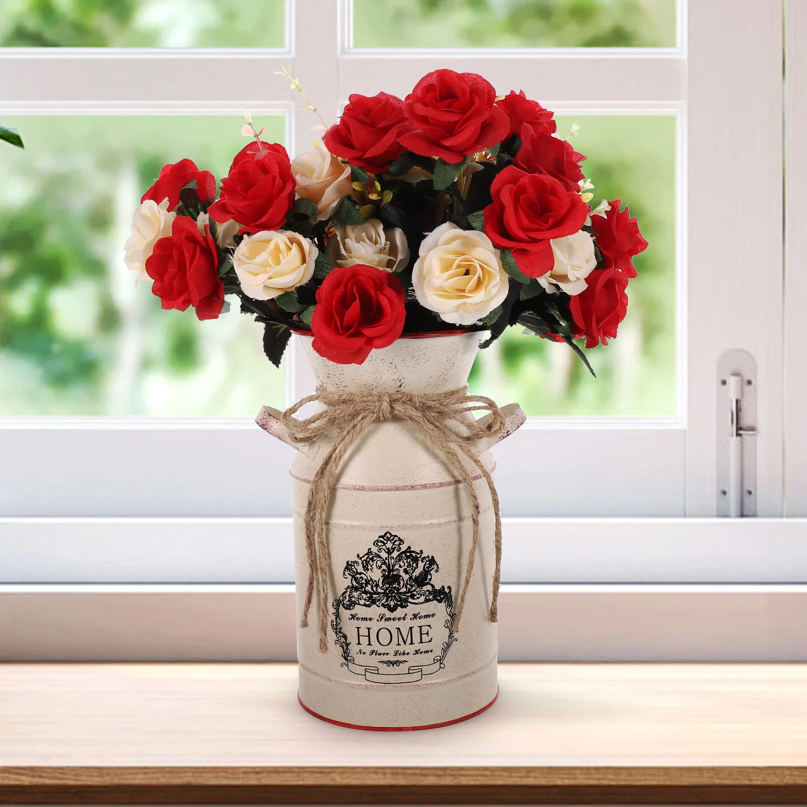 

Retro Milk Jug Iron Planter Beige Metal Bucket for Flower Arrangement Decorative Vintage Home Office Garden Kitchen Plant Pot
