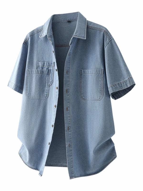 

Новая летняя мужская повседневная джинсовая рубашка 2026 года с коротким рукавом, металлическими элементами, в молодежном стиле, свободного кроя, легкая, износостойкая.