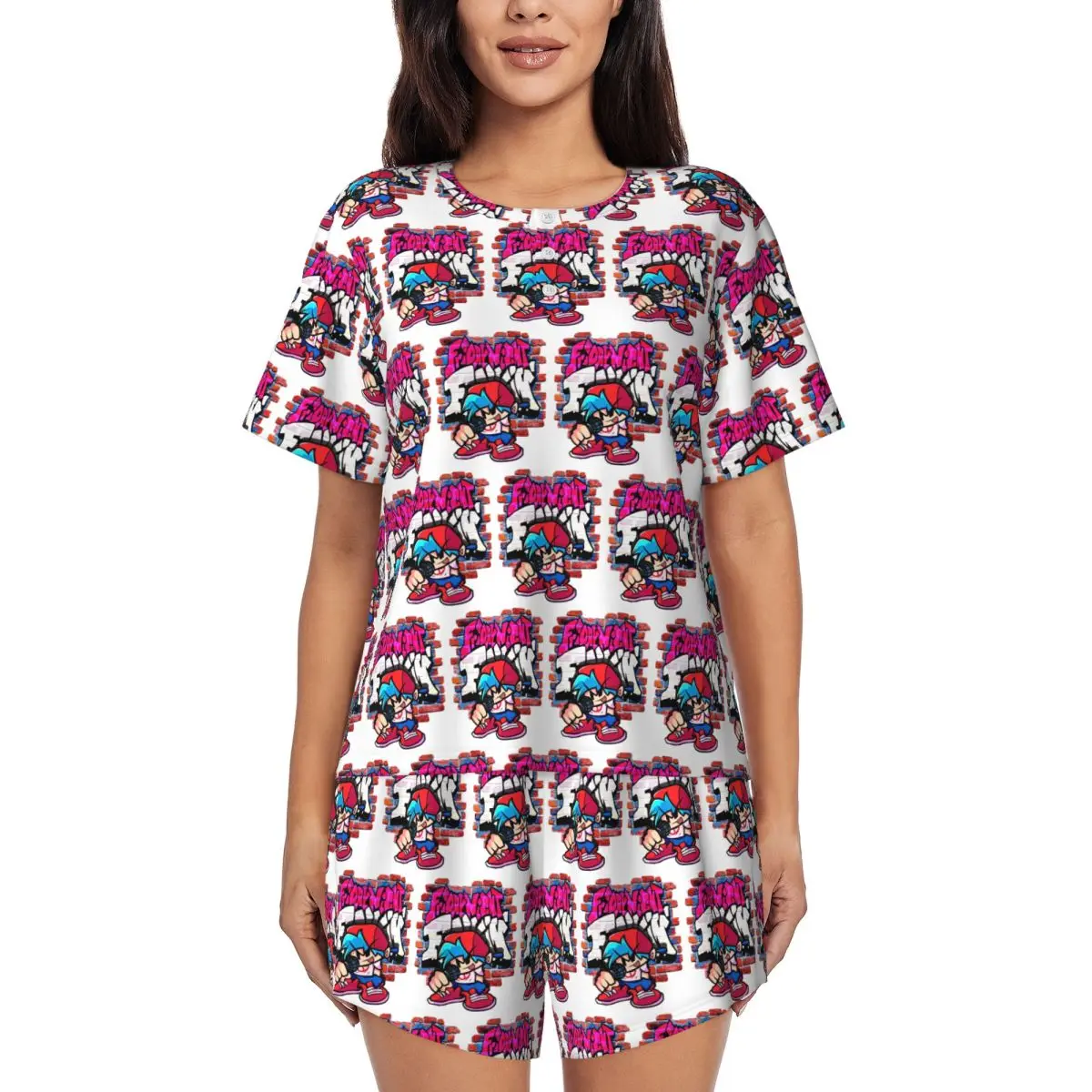 

BoyFriend FNF. Brick Wall Round Neck Short Sleeves Nightdress for Sleeping Sleepshirts Women Loose Pajama Set Short Pants