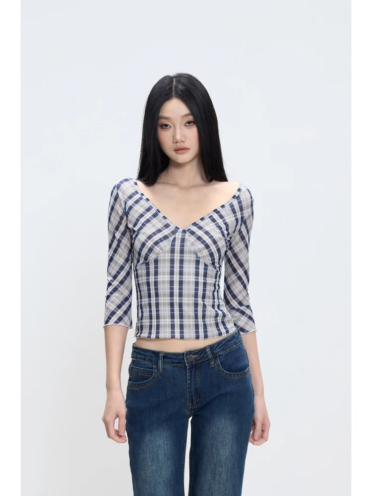 

Withmin ort клетчатая футболка с завышенной талией и низким вырезом, женская летняя новая утягивающая сексуальная повседневная футболка Faion