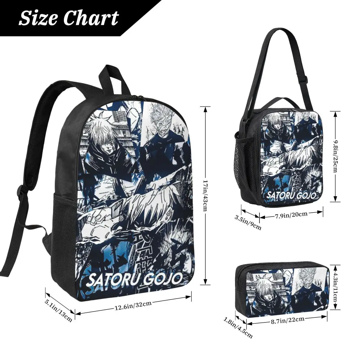 Jujutsu Kaisen Satoru Gojo Backpack Student BookBag School Bag Laptop Shoulder Bags 3ps Insulated Lunch Bag Pencil Case