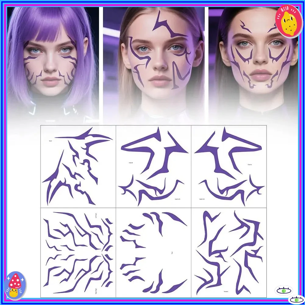 

6 Sheets Temporary Tattoos, Purple Lightning Bold Makeup for Cosplay Role Play, Waterproof Face Art Stickers