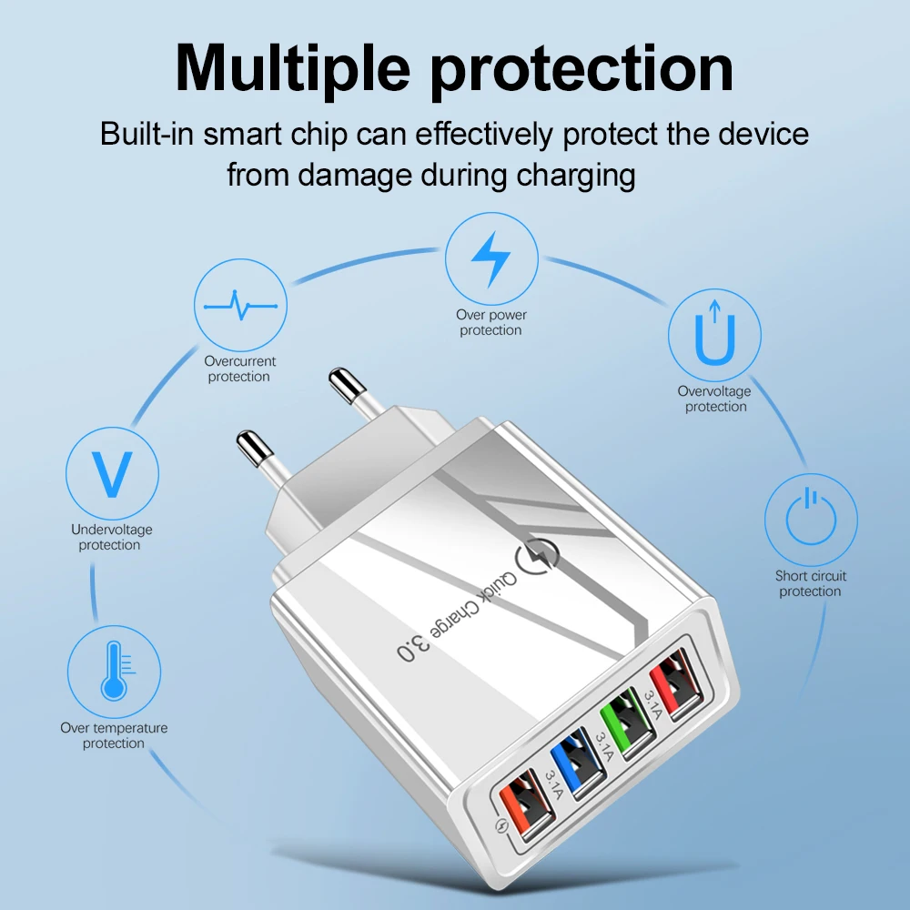 4 USB Charger Fast Charger QC 3.0 Wall Charging For iPhone 15 14 13 Samsung Xiaomi Mobile 4 Ports EU/US Plug Wall Phone Adapter