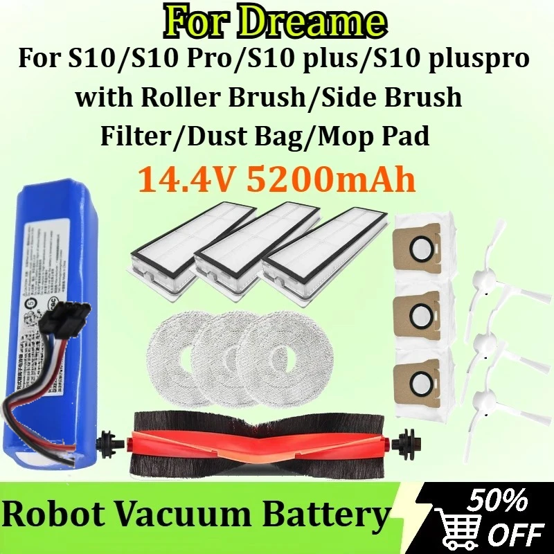 5200mAh Robot Vacuum Battery for Dreame S10/S10 Pro/S10 plus/S10 pluspro with Roller Brush/Side Brush/Filter/Dust Bag/Mop Pad