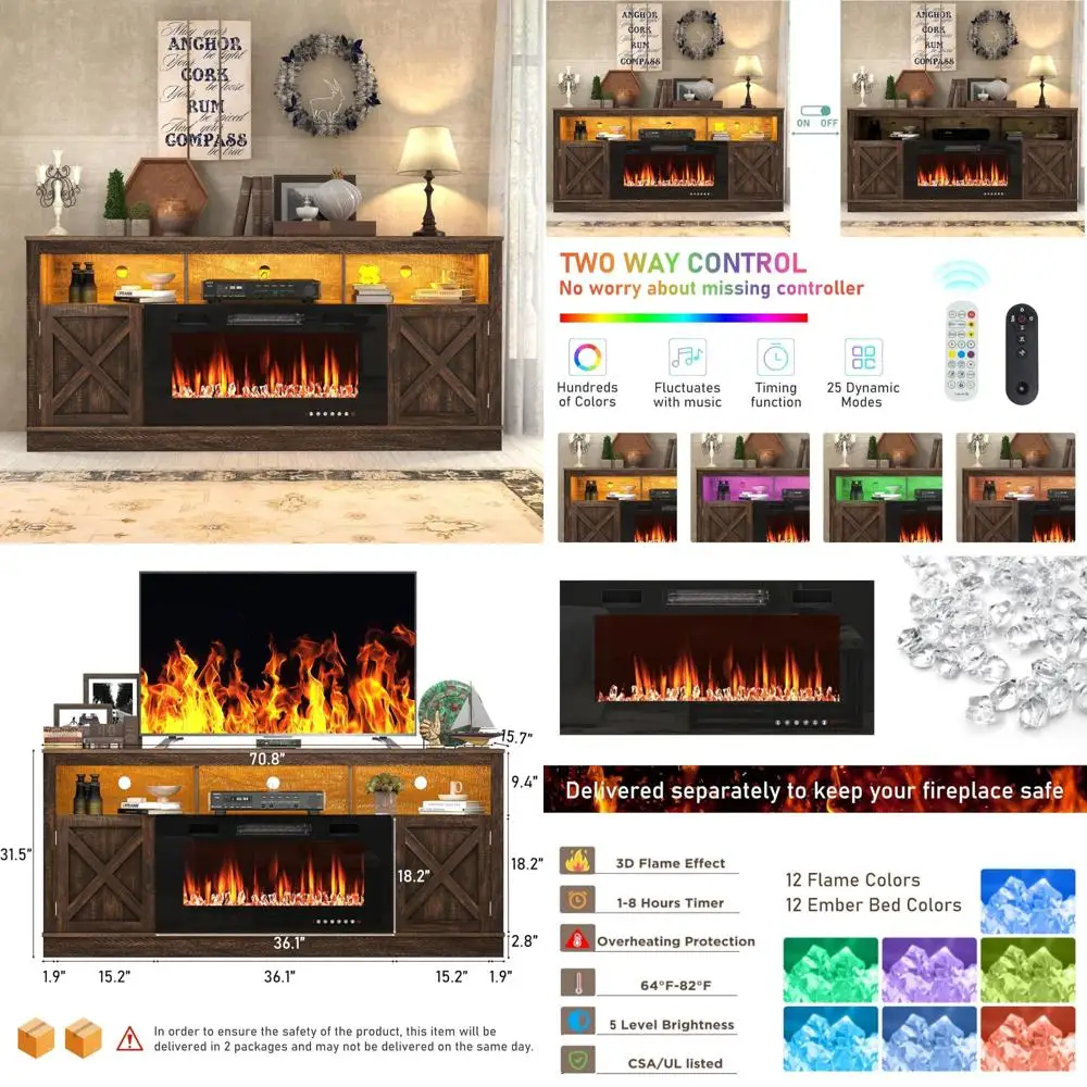 

70-80 TV Electric Fireplace Stand, 32 Tall Entertainment Center with LED Light and Media Storage