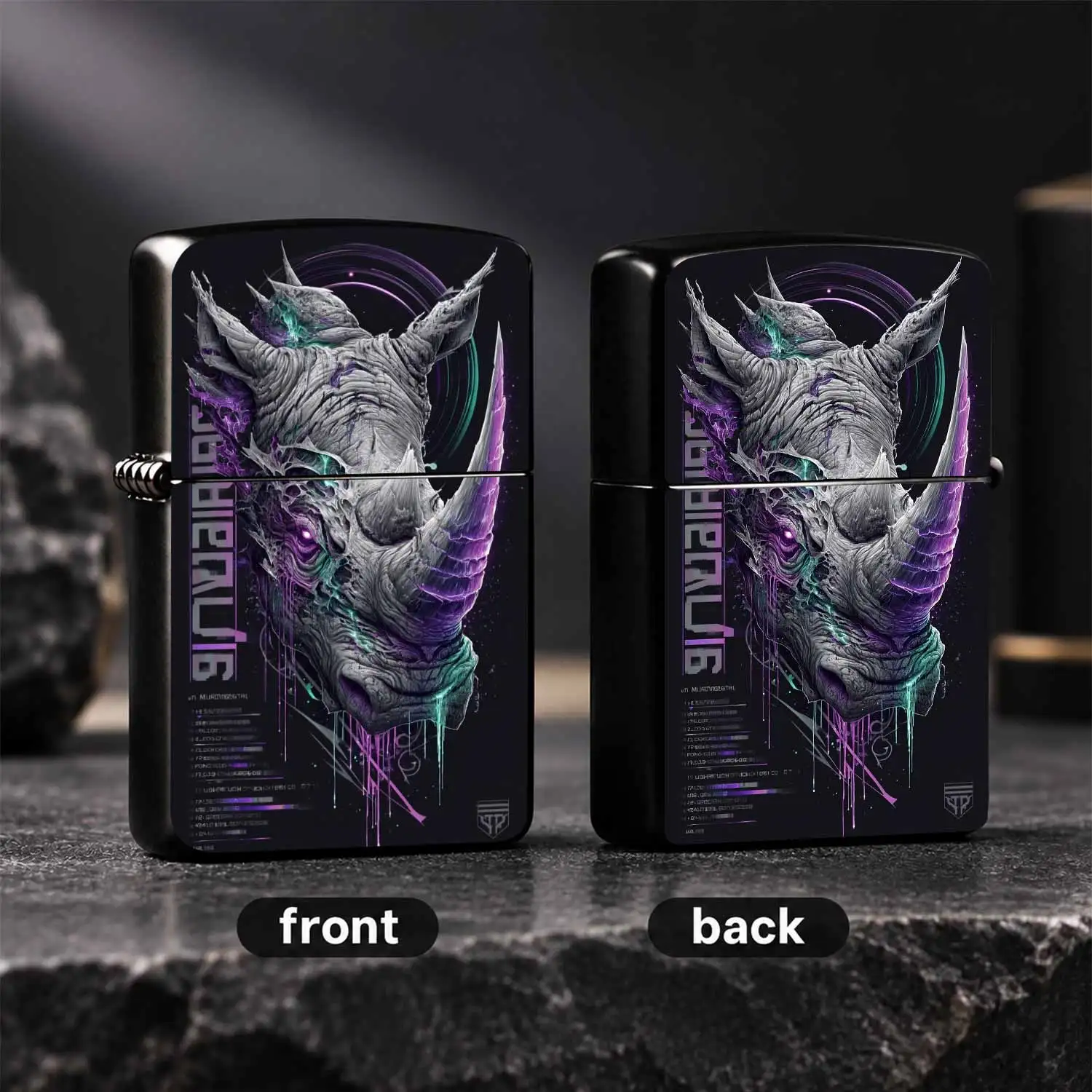 Cyber Glowing Rhino Lighter Sci-Fi Neon Purple Turquoise Glowing Rhinoceros Head Themed Decor Exquisite Textured Creative Accessory For Daily Outdoor Use Gifting And Personal A Humorous And Interesting Lighter