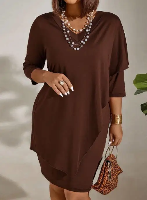 

Women's Dress 2025 Fashion Spring and Summer New Solid Color V-Neck Long Sleeve Irregular Casual A-Line Daily Midi Dress