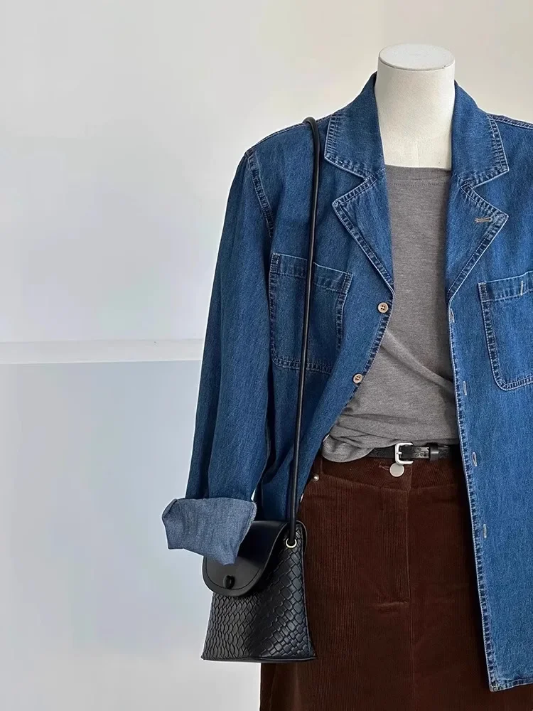 European Retro Collar Blue Denim Jacket For Women'S Autumn New Design Sense, Layered Casual Versatile Top