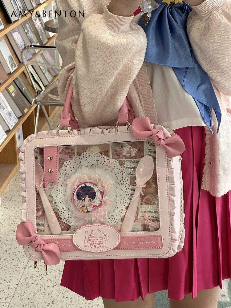 Original Two-dimensional Double Shoulder Itabag Cute Lolita Large-capacity Messenger Bag Japanese Sweet Bow Transparent Backpack