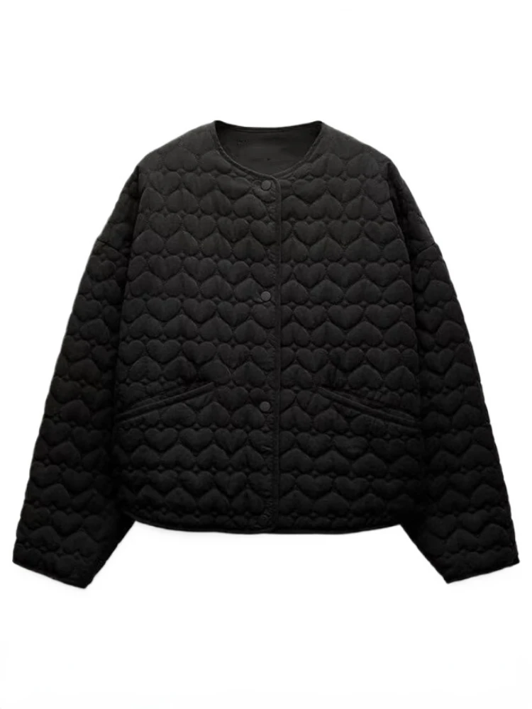 ZBZA Women Heart Jacket O-neck Long Sleeves Front Pockets Single Breasted Solid Loose Overcoat Fall Winter New Female Chic Coat