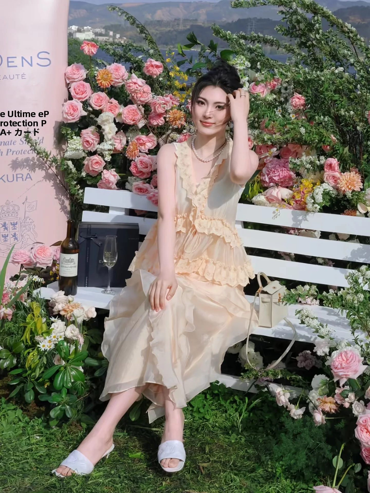 

Платье-миди PM Wang Nannan Cloud Wave Layered Gown, новая весенняя модель, нежное, с боковой молнией, кружевным подолом, цвета шампань