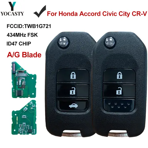 TWB1G721 HLIK6-3T 2/3Btns Flip Remote Key 433Mhz ID47 Chip A/G Blade for Honda Civic Accord City CR-V Jazz XR-V Vezel HR-V FRV