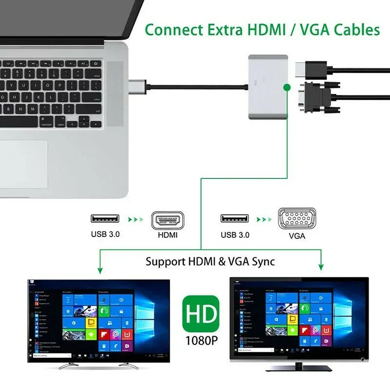 New 2in1 USB 3.0 to HDMI-compatible VGA Adapter 4K HD Multi-Display USB to HDMI-compatible Converter for Windows 7/8/10 OS