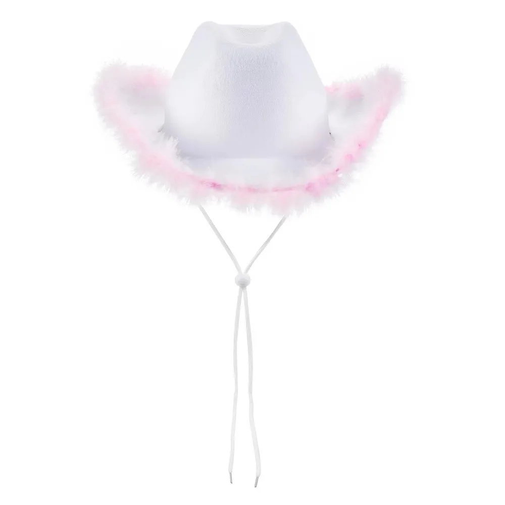 Casual Solid Color Western Cowboy Hat Furry Trim Ethnic Style Cowgirl Hat Cap Sunscreen Top Hat Disco Party 3