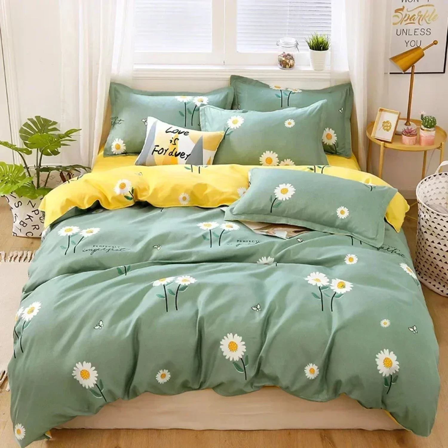 Cozy and durable Queen Size Daisy Printed Bedding Set, perfect for a King Size Bed, adds chic and fashionable touch to your bedr