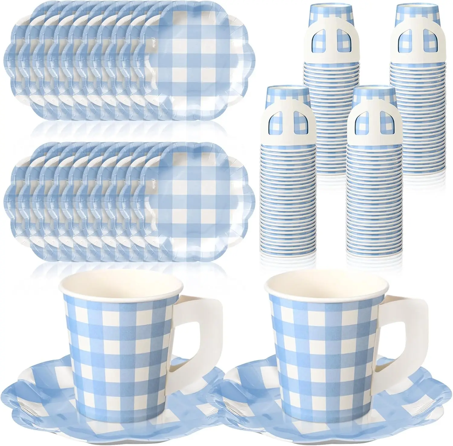 

100 Pcs Blue Gingham Party Supplies Plates and Tea Cups with Handle Disposable Paper Blue Tea Party Set Checkered Tablew