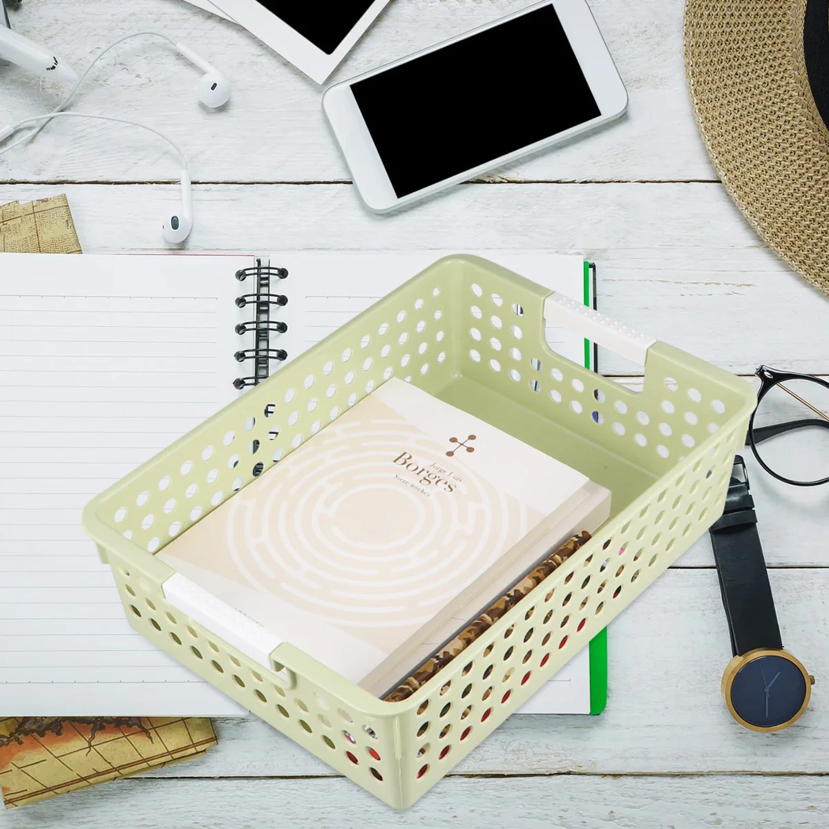 

3Pcs Plastic Storage Basket Desktop Hollow Out File Storage Box Container Document Organizer for Home Office (Pink+Green+Blue)