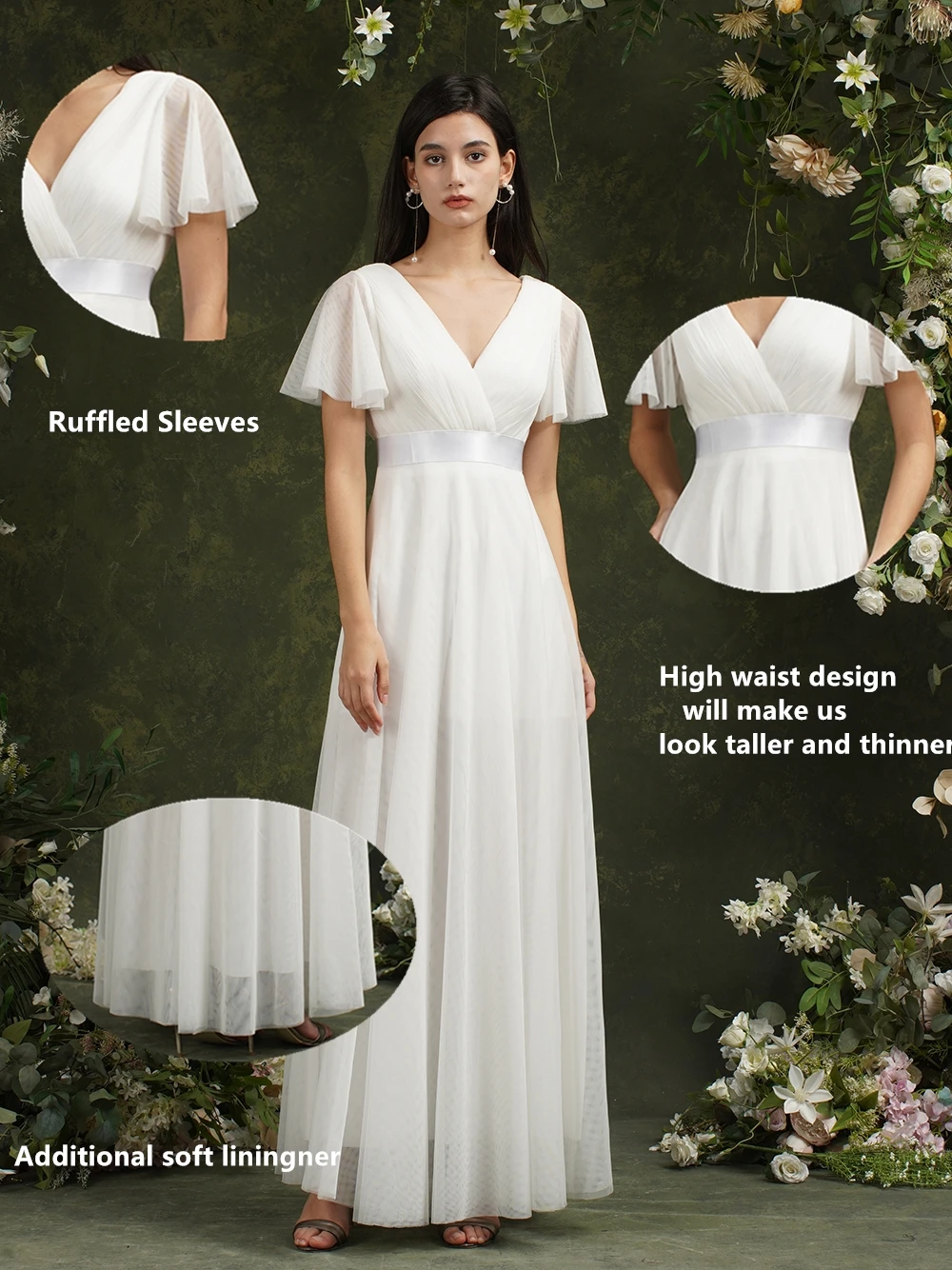 BABYONLINE robes de demoiselle d'honneur simples Tulle volants manches courtes col en v dos nu Empire ceintures robe de bal a-ligne Maxi mariage