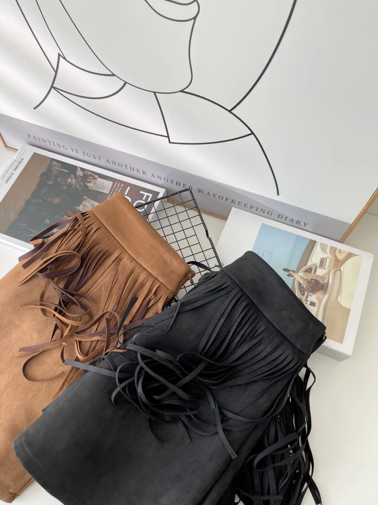 American Retro Suede Retro Skirt With Tassel Autumn Winter Vintage Streetwear Short Pencil Skirts For Women