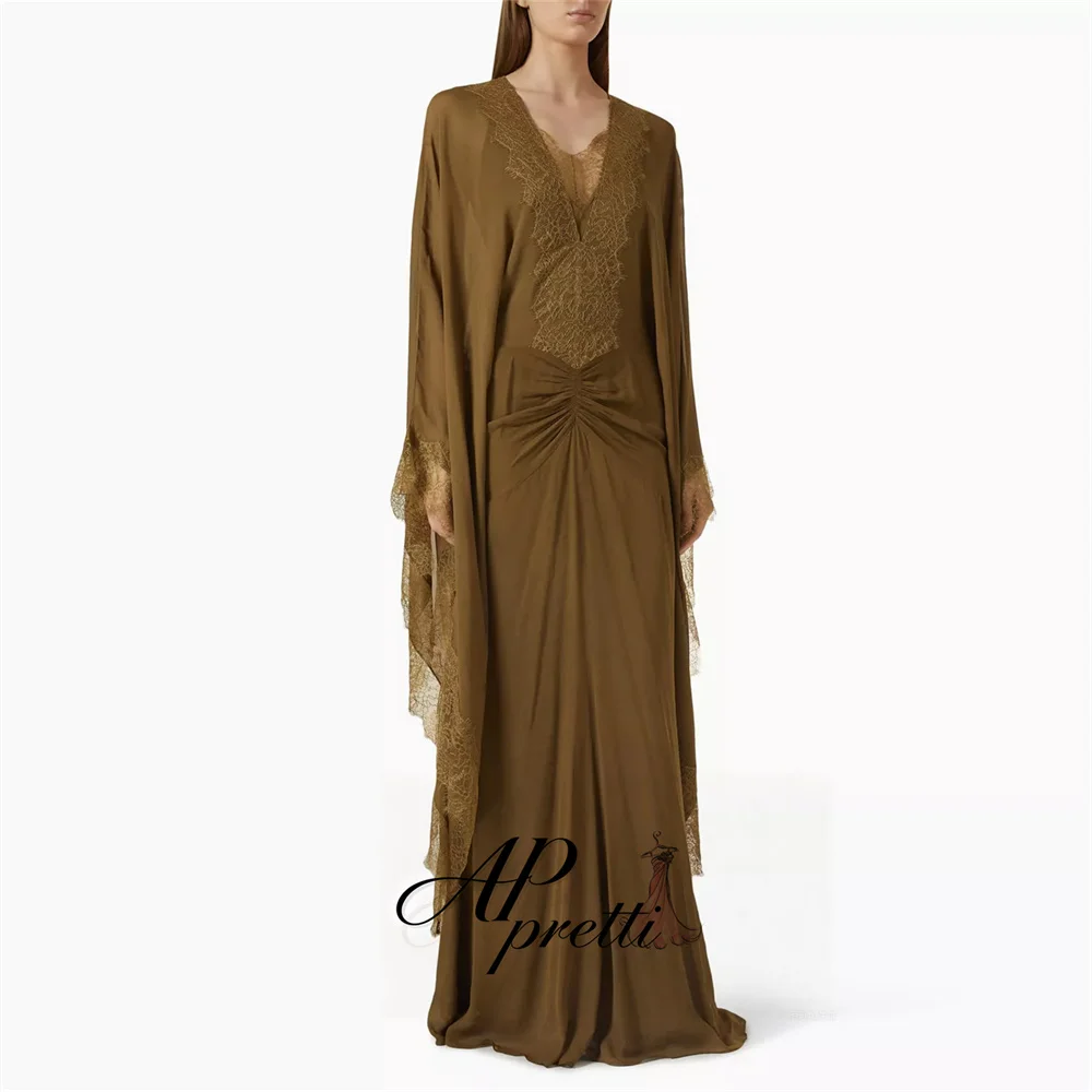 AP pretti Vintage A-line Deep V-Neck Saudi Evening Gown Dress Long Sleeves Lace Pleat Prom Gown Customized Party Dress 2026