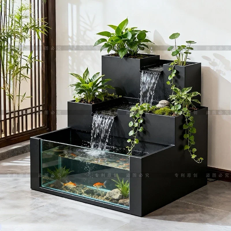 Balcony landscape stainless steel flowing water flower box outdoor terrace courtyard stacked spring landscaping fish pond garden