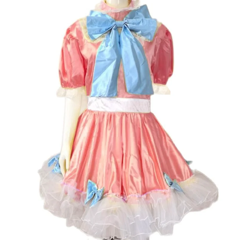 

Multicolor Adult Giant Baby Sexy Girl Pink Satin Sissy Dress Blue Bow Japanese Maid Role Playing Gothic Lockable Customization