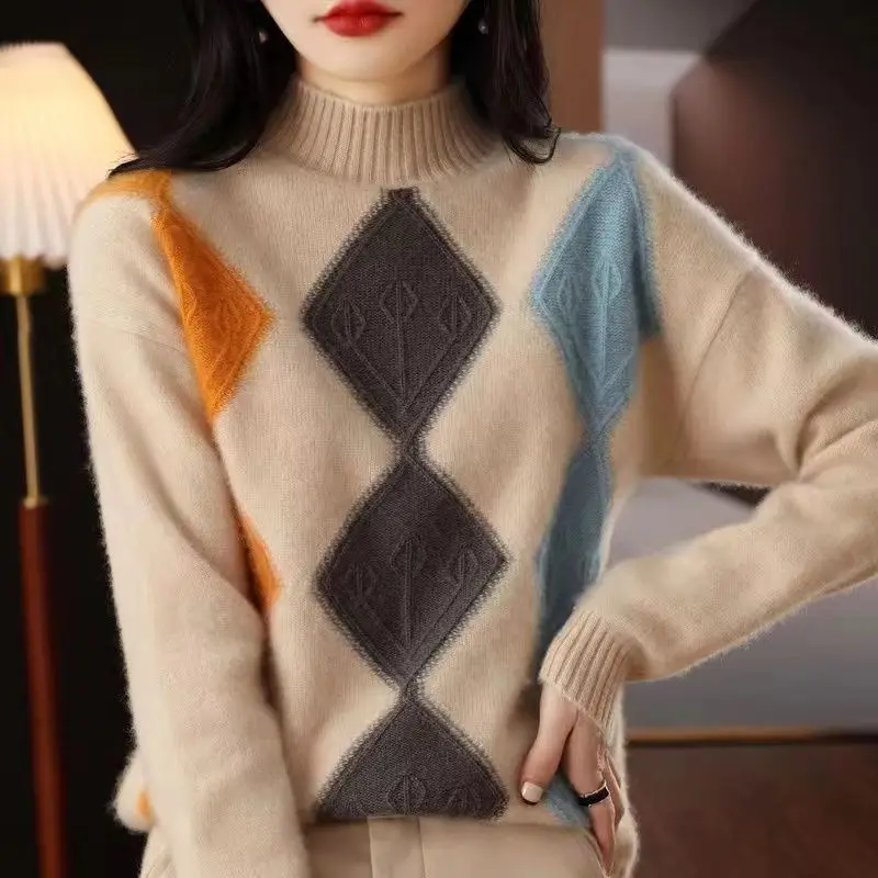 2023 New Autumn and Winter Fashion Half High Collar Color Matching Slim Knitting Temperament Commuter Women\'s Casual Sweater