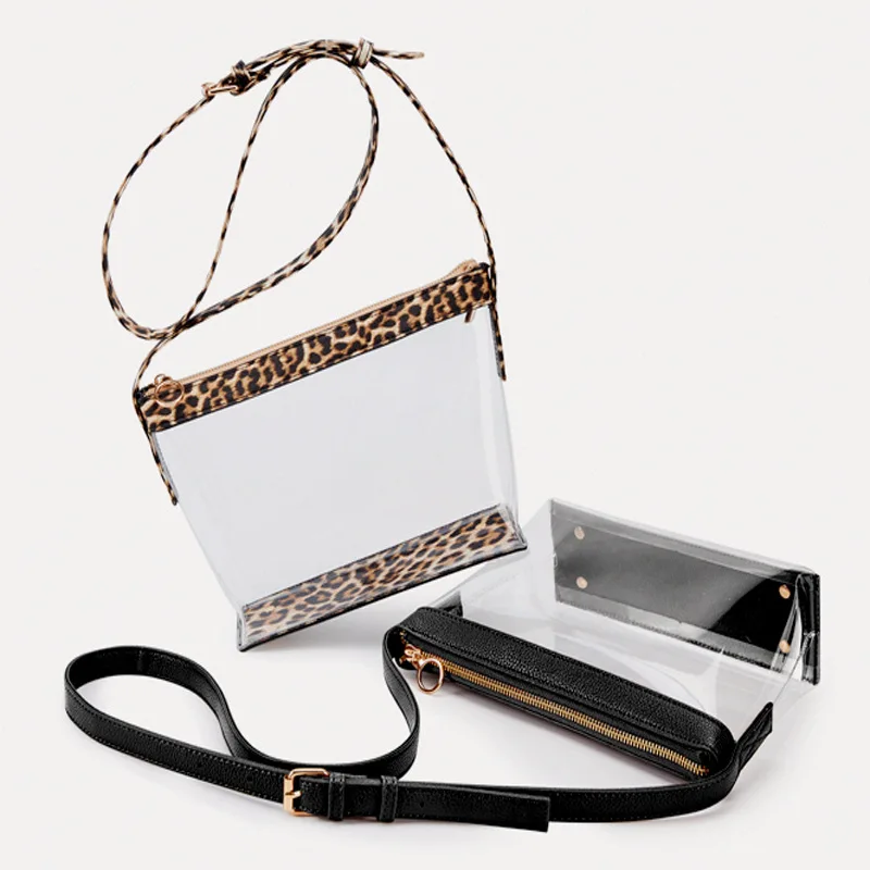 Bolso Bandolera Transparente de PVC Ecológico de Alta Calidad para Mujer con Ribete de Cuero y Cierre Moderno