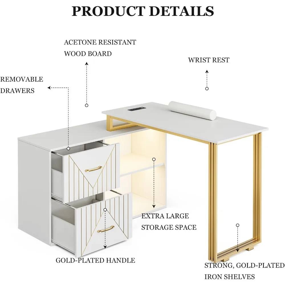 طاولة مانيكير Paddie لتقنية الأظافر مع وسادة معصم، مكتب أظافر زاوية مع درجين ورفين، مستلزمات أظافر صالونات التجميل #4