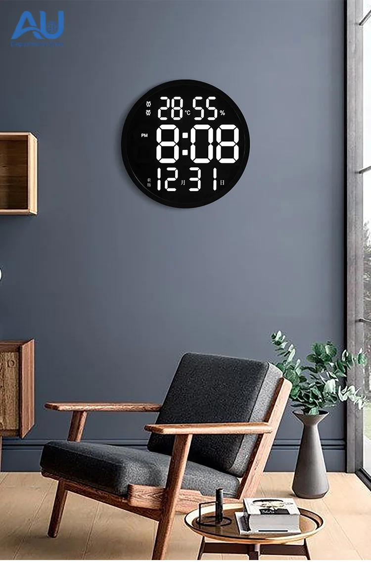 

Suitable for 12-inch Modern LED Simple Wall Clock, Living Room Round Clock Silent Digital Temperature and Humidity Electronic