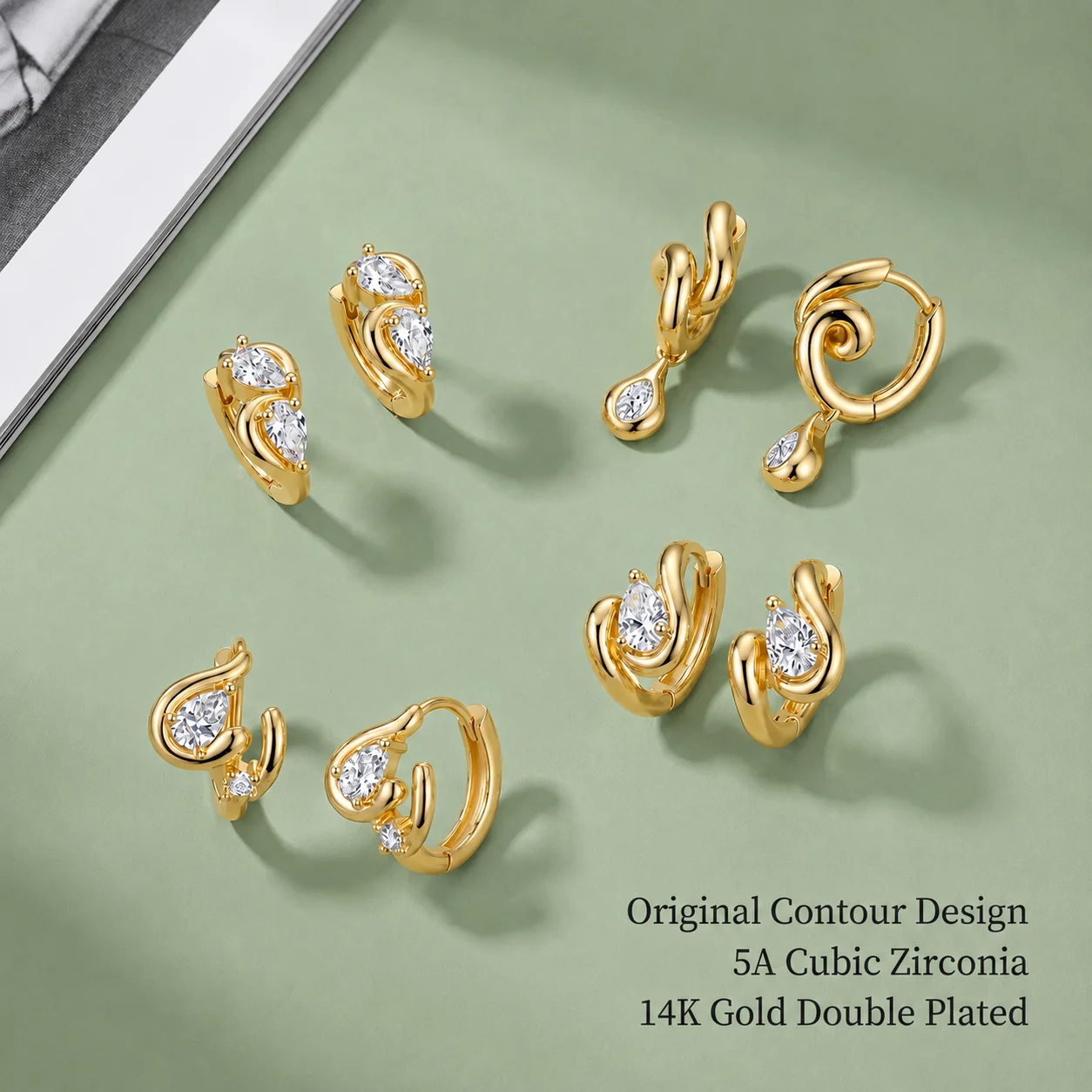 Moonmory Minimalistische Luxus-Ohrringe aus Messing mit gedrehter Birnenform für Damen, 14 Karat Gold, doppelt vergoldet, Marquise-Kontur-Tropfen-Huggie-Ohrringe – Detail 7