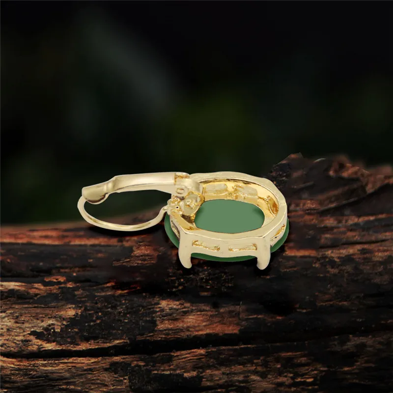 Green Flower Cameo Necklace Earrings Sets For Women Gold Color Oval Claw Pendant Fashion Jewelry