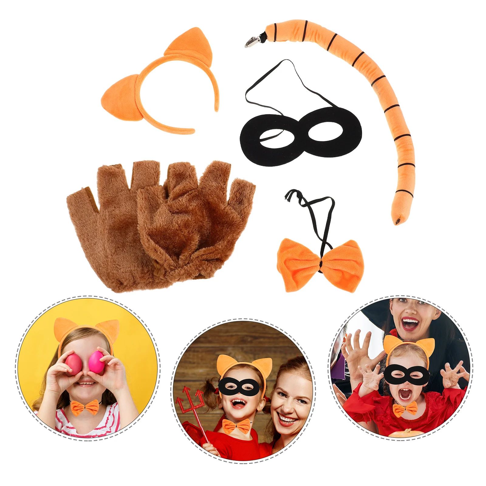 Halloween Oranje Kat Kostuum Set Kinderen Oren Hoofdband Staart Handschoenen Strikje Zwart Masker Verjaardagsfeestje Cosplay Accessoires