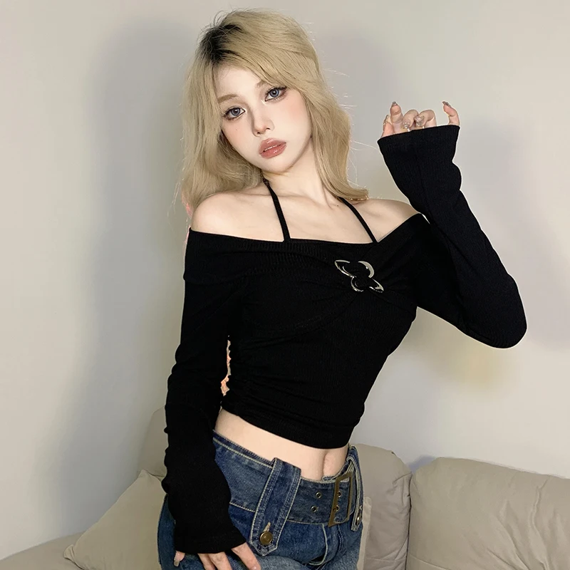 Iamhotty koreanischen Stil Schmetterling Schnalle Schnalle Neck holder Crop Top Frauen Herbst sexy schlanke Slash Neck T-Shirt niedlich lässig elegant T-Shirt