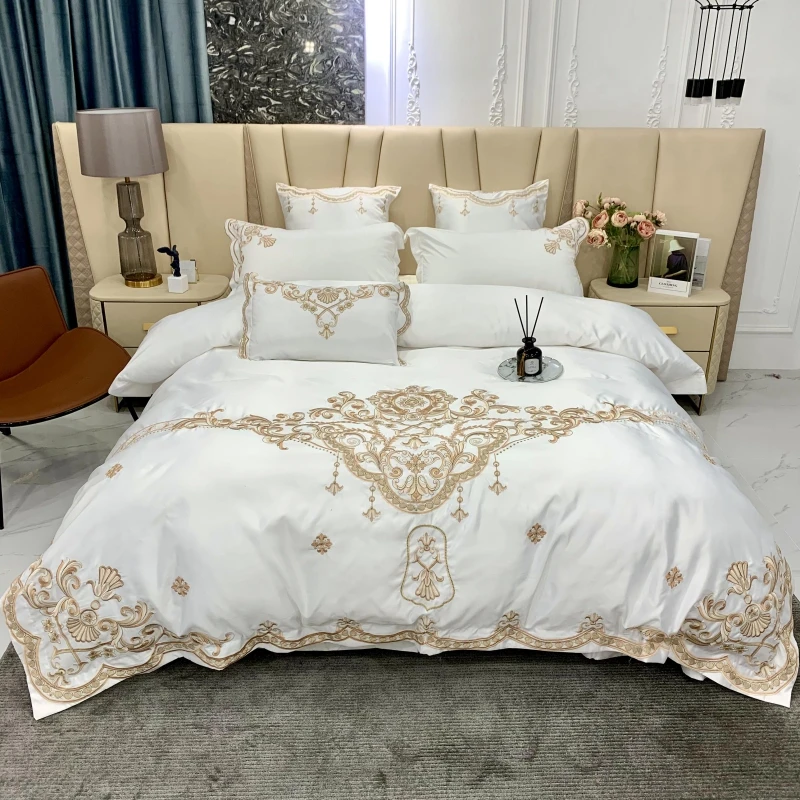 White Satin Cotton Bedding Sets Luxury Golden Embroidery Duvet Cover Fitted Bed Sheet Pillowcases Solid Color Home Textile