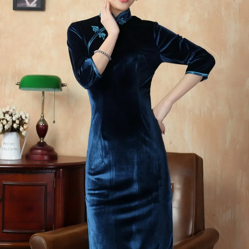 

Китайское платье Cheongsam - новое однотонное элегантное эластичное платье Pleuche Cheongsam с рукавом 3/4