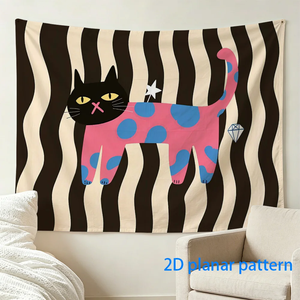 Pink Polka Dot Cat Tapestry, Zebra Stripe Wall Hanging, Pop Art Kitten Decor, Black White Background Cloth for Living Room