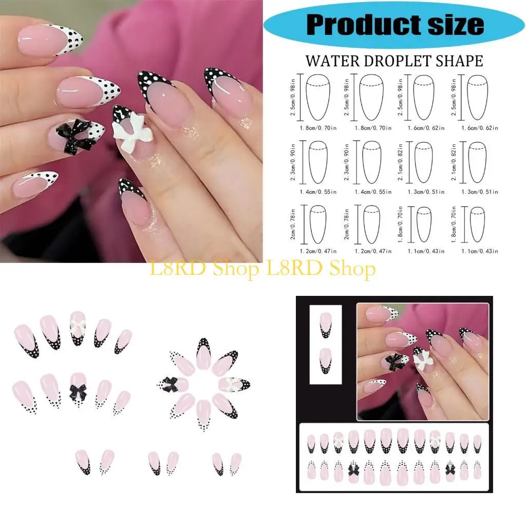 

L8RD Classical Press On Artificial Black White Dots Design French Design Bows Detailings ABS Reusable