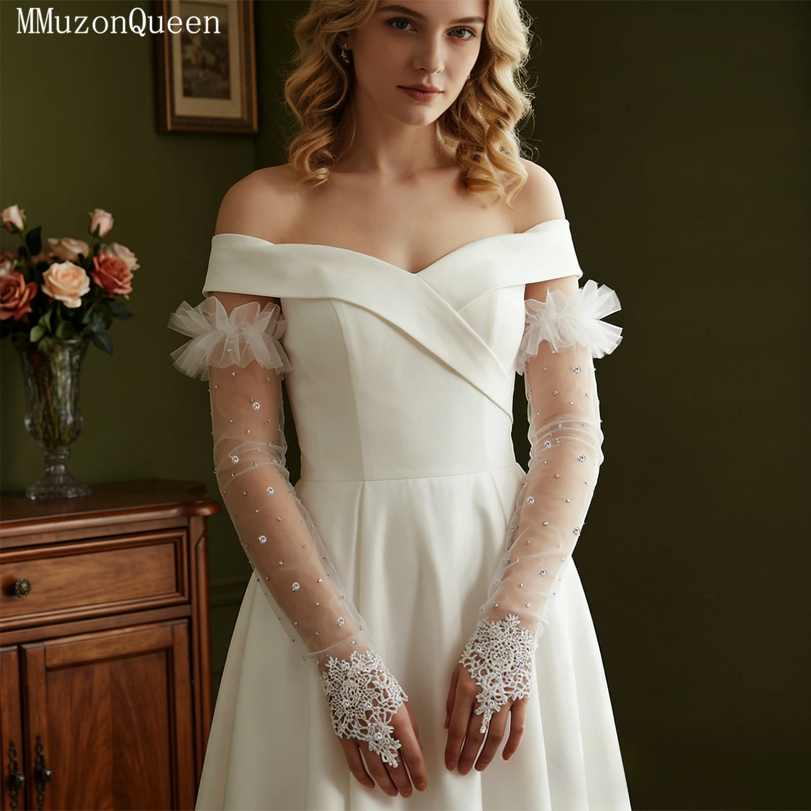 

TOPQUEEN VM176 Элегантные женские длинные сетчатые нарукавники с блестящими стразами и кружевными вышитыми манжетами