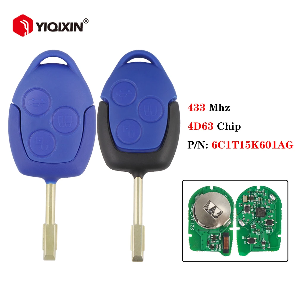 

YIQIXIN 3 Button Car Remote Key For Ford Transit WM VM 2006-2014 433MHz 4D63 Chip P/N: 6C1T15K601AG With Blue/Black Blade