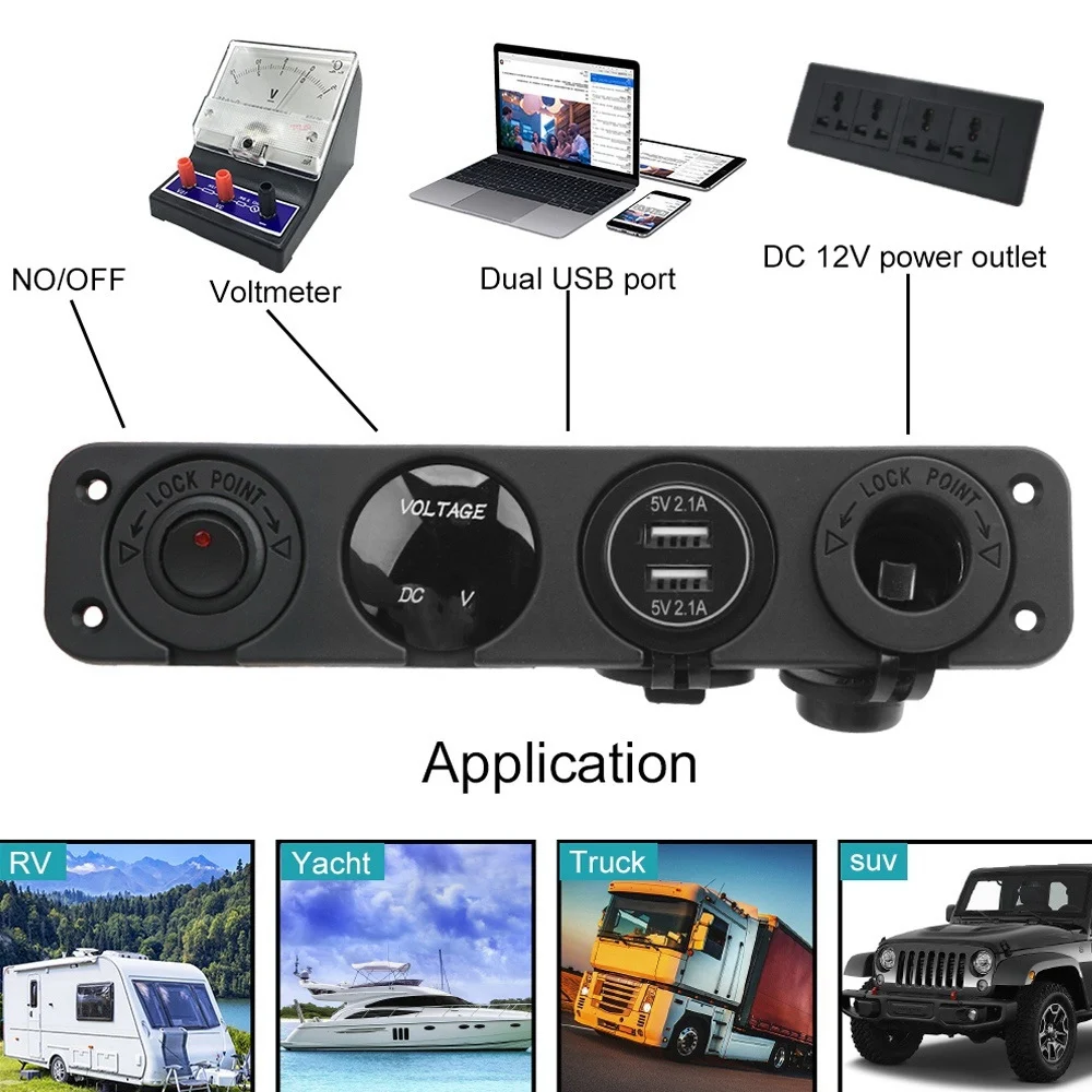 4 in 1 Car-Cigarette Lighter Rocker Switch Digital Voltmeter Dual USB Power Charger 12V Power Socket Dustproof