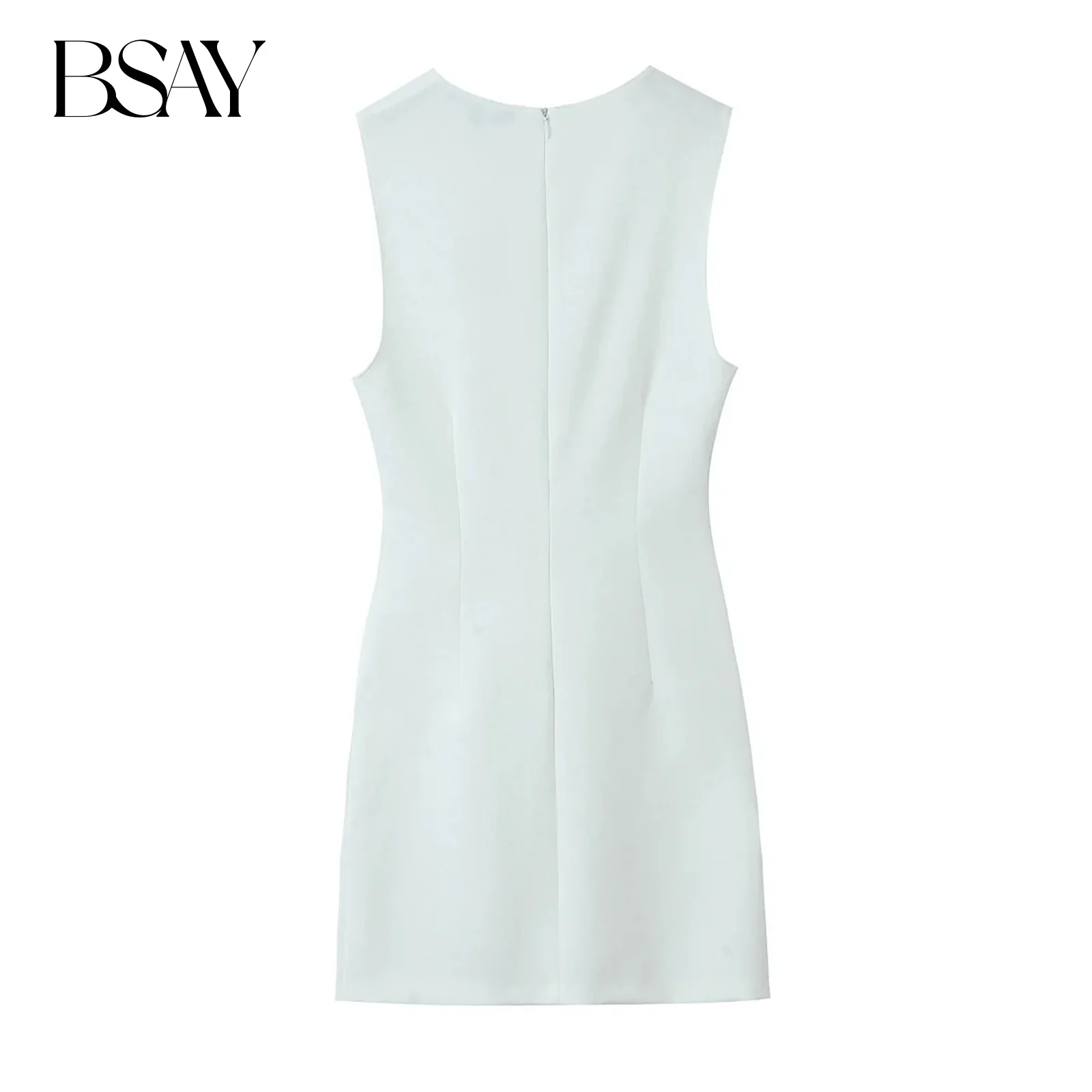 BSAY Donna Moda Estate Nuova Zip posteriore O-Collo Piega Gilet Corto sexi abito da notte hot Chic Donna Bianca senza maniche da sera